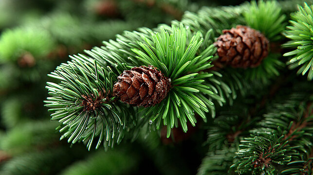 Close-up of a pine branch with green needles and pinecones. - Powered by Adobe