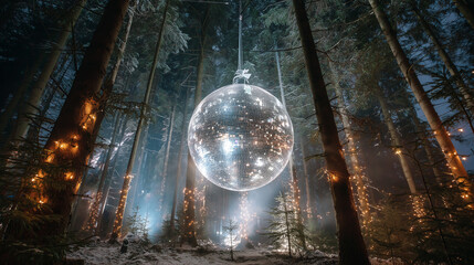 Enchanted forest with giant disco ball and twinkling lights