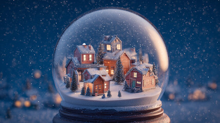 Cozy snow globe village with warmly lit houses and snowy trees