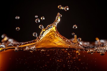 Refreshing cola splash forming a crown shape with bubbles in dynamic macro photography capturing liquid motion and carbonation.