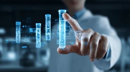 A person in a lab coat interacts with glowing holographic test tubes with bubbling liquid inside, representing scientific analysis
