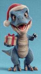 Whimsical winter wishes: christmas charm with a gift-bearing dinosaur. Hero poster. Festive baby dinosaur holding colorful box in a christmas wonderland. Advertising photo. Cinema artwork.