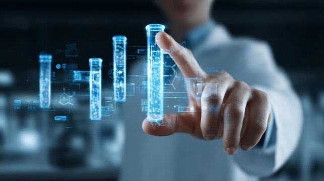 A person in a lab coat interacts with glowing holographic test tubes with bubbling liquid inside, representing scientific analysis - Powered by Adobe