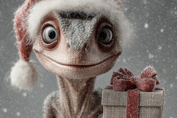 Festive dino fun: a jurassic twist to traditional christmas greetings. Luxury apparel. Festive baby dinosaur holding colorful box in a christmas wonderland. High-end fashion. Glam lookbook.