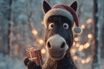 Anthropomorphic horse foal unveils christmas magic with a gift. Color background. Realistic smiling horse baby with santa hat and christmas gift box. Product showcase. Luxury style.