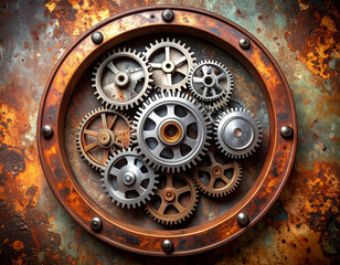 A cluster of silver metallic gears is arranged tightly inside a rusted copper circular metal ring frame.