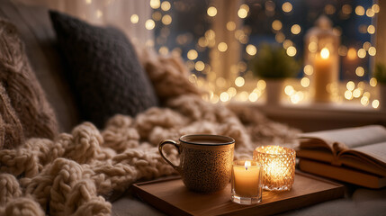 Cozy evening with warm candlelight and cup of coffee