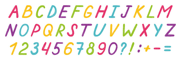 Crayon english alphabet doodle set. Chalk pencil font, school wax kid letters in sketch style. Hand drawn vector illustration isolated on white background.