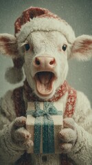 Charming holiday delight: santa-capped ox with bright smile. Scifi poster. Christmas cheer: smiling ox with gift box in pastel ambience. Blockbuster art. Hero poster.