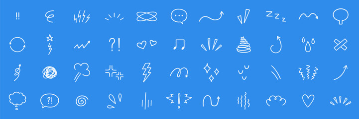 Comic movement effect and expression sign icon set. Anime and manga doodle symbols. Japanese decorative lines, character emotion in sketch style. Hand drawn vector illustration
