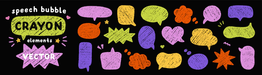 Crayon speech bubbles doodle set. Chalk communication frame, pencil comic talk balloon in sketch style, Grunge texture. Hand drawn vector illustration isolated on black background