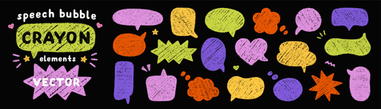 Crayon speech bubbles doodle set. Chalk communication frame, pencil comic talk balloon in sketch style, Grunge texture. Hand drawn vector illustration isolated on black background