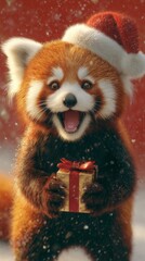 Red panda christmas wishes: smiles and gifts to warm your heart. Scifi poster. Whimsical holiday panda: a vibrant christmas card delight. Fantasy poster. Cinematic poster.