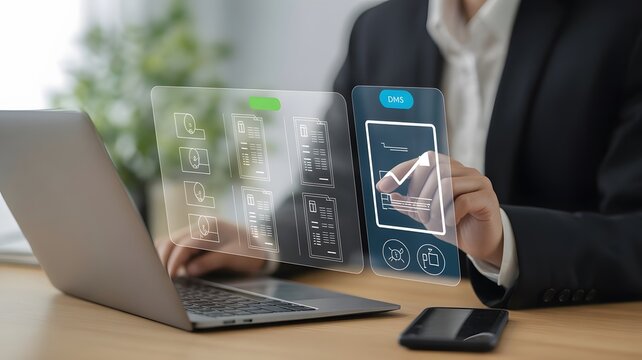 A business person reviews data documents on digital displays, interacts with a holographic interface, and uses a laptop at a desk in a modern office space. - Powered by Adobe