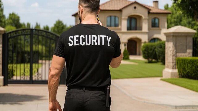 Security officer using walkie talkie a quiet residential neighborhood, ensuring safety and peace of mind for residents in a suburban environment.

