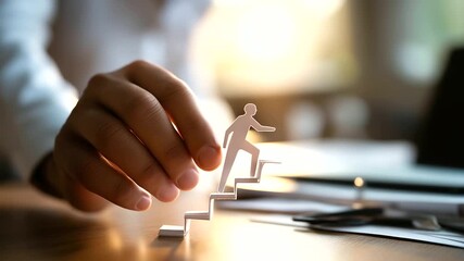 Hands supporting paper cutout figure climbing stairs business desk scene with defocused background success metaphor mentorship support concept professional development