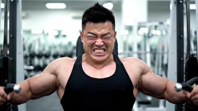 Man exercising on a pec deck machine in a gym. Wearing a black tank top in a gym with white walls and steel equipment.