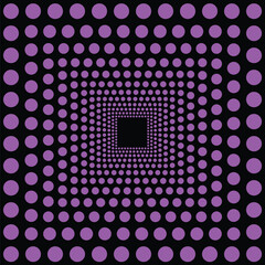 Visual effect created by squares of bright neon purple circles on a black background, getting progressively smaller