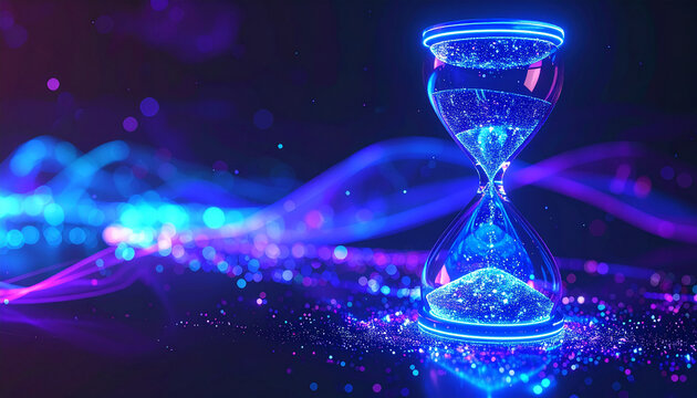 Futuristic hourglass glowing with swirling neon blue and purple particles, luminous energy effect, sci-fi