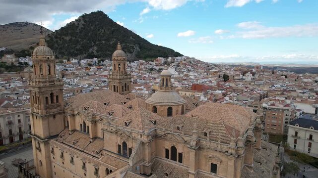 Aerial Drone View of Jaen Cathedral With City Panorama, Spain