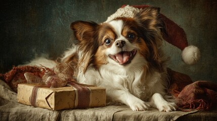 Heartwarming christmas scene featuring dog with santa hat and gift. High-end fashion. Playful dog with santa hat and gift, minor color adjustments, card. Extravagant style. High-class shoot.