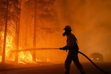 A masked firefighter fights a forest fire by a road, spraying water at blazing pines. Concept of bravery, danger, emergency, resilience. For safety campaign photo