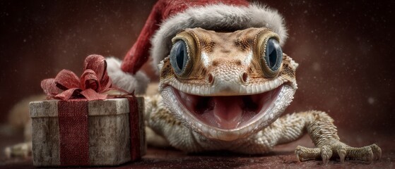 Whimsical reptile: christmas magic with santa's little helper. Visual poster. Cute lizard in santa hat: a heartfelt christmas greeting. Movie artwork. Cinematic poster.