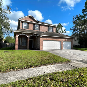 Luxury house exterior with purple elements. Impressive curb appe