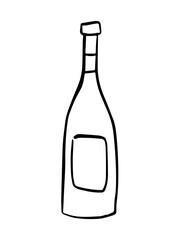 Hand Drawn Wine Bottle Line Illustration. Minimal Black and White Alcohol Beverage Sketch, Simple Doodle Bottle Icon with cork. Menu Design, Winery Branding, Labels and Packaging, celebration