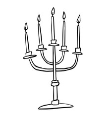 Hand Drawn Candelabra with Five Candles, Minimal Black Line vector illustration of Vintage Candle Holder. Isolated Elegant Sketch Icon for Holiday, Celebration, Religion. Decorative design object