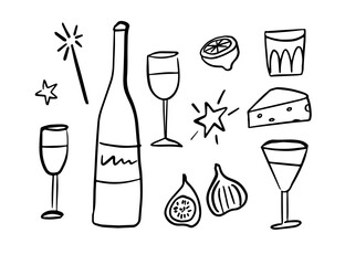 Hand drawn food and drink doodle set. Wine bottle, cocktail glasses, cheese, lemon and figs. Minimal black line New Year icons isolated on background. Whimsical sketch illustration for menu, party