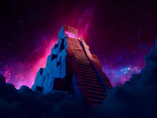 An ancient mountain temple illuminated by streams of starlight breaking through cosmic clouds