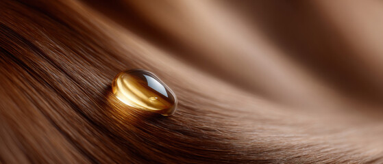 Single drop of hair oil enhances the beauty of smooth, shiny, long brown hair with curves and lines in a captivating background