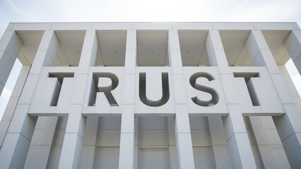 Modern architecture features the word TRUST carved into its facade, symbolizing confidence