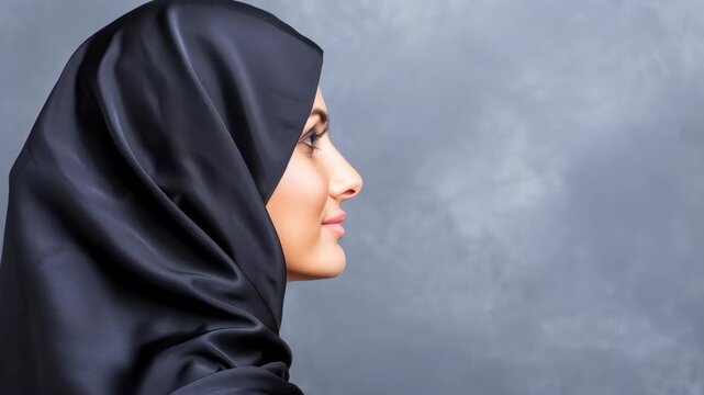 A Moment of Serenity: A woman, her face framed by a simple veil, exudes a serene and contemplative aura, her profile highlighted against a soft, textured background.
