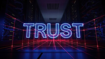 Digital trust concept with glowing neon word in a server room data center