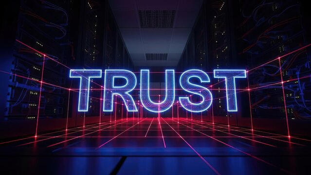 Digital trust concept with glowing neon word in a server room data center - Powered by Adobe
