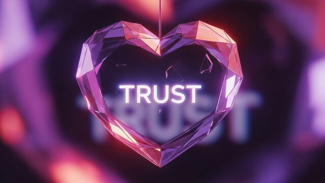 Fragile crystal heart with the word trust glowing inside, symbolizing vulnerability and belief