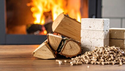 Fireplace with firewood logs, briquettes, and pellets
