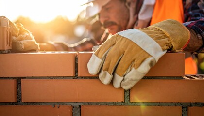 Construction Worker Building a Brick Wall on Site