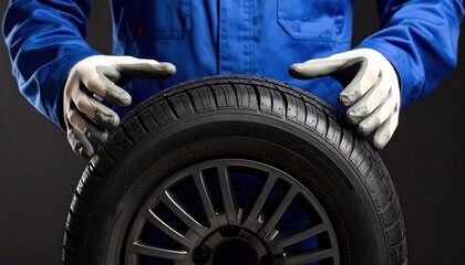 Mechanic Inspecting Car Tire in Workshop