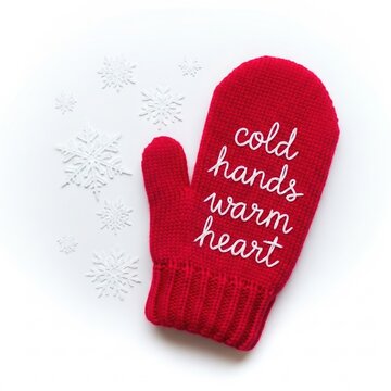 Red knitted mitten with white handwritten text &ldquo;cold hands warm heart&rdquo; on white background with scattered snowflakes. Concept: winter accessories, seasonal saying, cozy winter