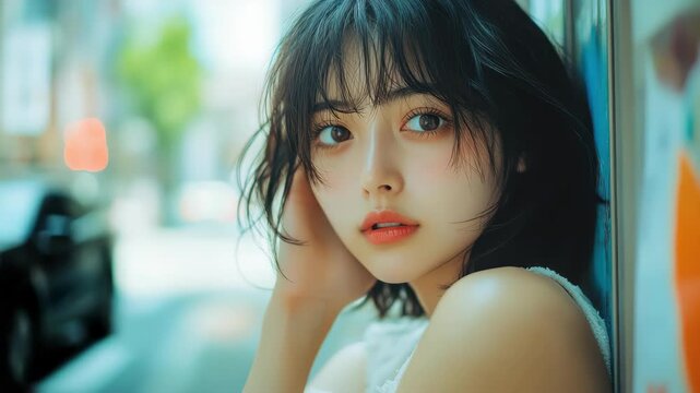 Serene beauty: A captivating portrait of a young woman with a delicate beauty, her captivating eyes, radiating a sense of serene charm, while her silky locks frames her face.