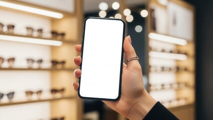 Professional hand holding smartphone with blank screen in stylish eyewear store
