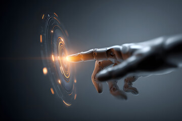 Digital hand reaching out with glowing particles in a dark background at night