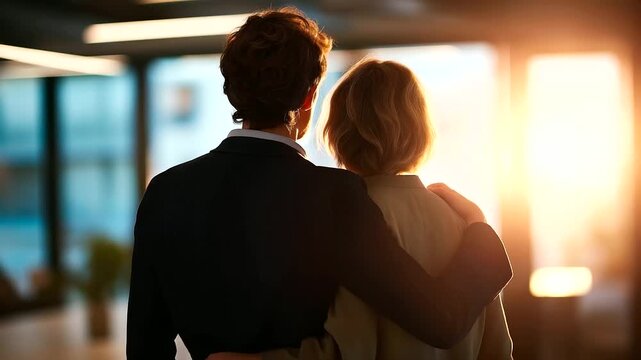 Portrait style shot of faceless mentor and mentee together natural light creating warm atmosphere positive professional interaction development moment modern workplace relation