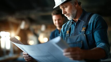 Carpenter team with blueprint faceless father and son planning project construction architecture apprentice mentor with design drawing workshop training professional skill