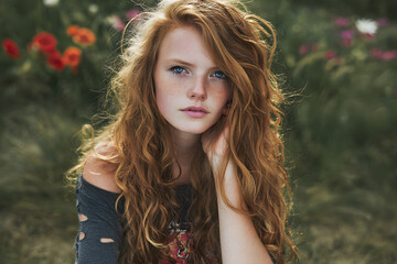 Fototapeta premium Young girl with curly red hair poses thoughtfully in a field during sunny day