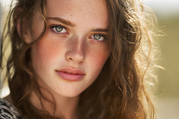 Fototapeta premium Young girl with curly hair and striking blue-green eyes gazes thoughtfully into the distance outdoors during golden hour