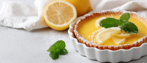 Delicious lemon tart with fresh lemon slices and mint on a white background perfect for dessert lovers